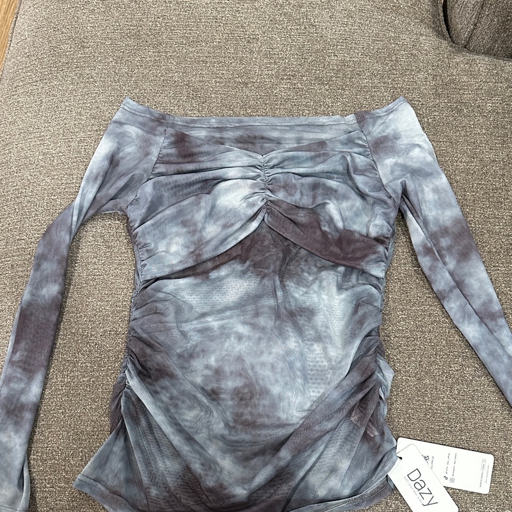 Dazy Off-Shoulder Tie-Dye Blouse - Blue and Gray